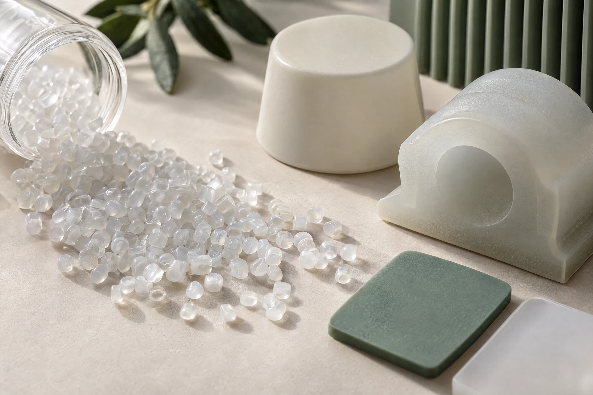 Illustrative close-up of polymer pellets and unbranded molded material samples