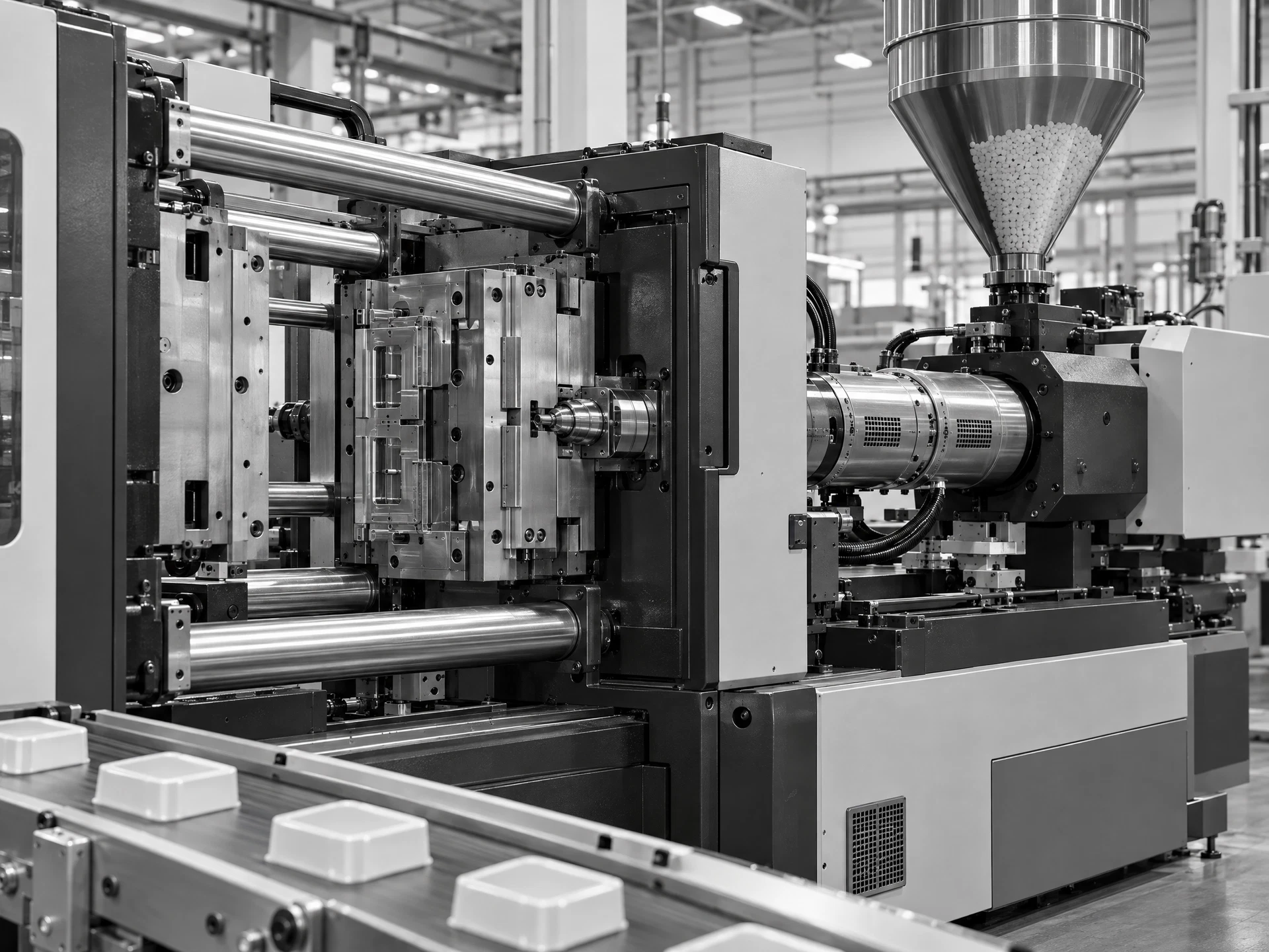 Illustrative view of an injection-moulding machine in a clean factory