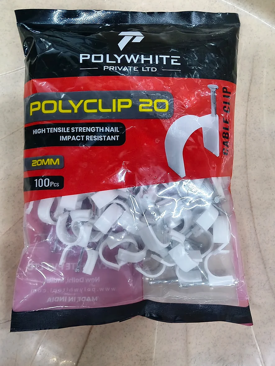 Front of the Polywhite 20mm cable clip package