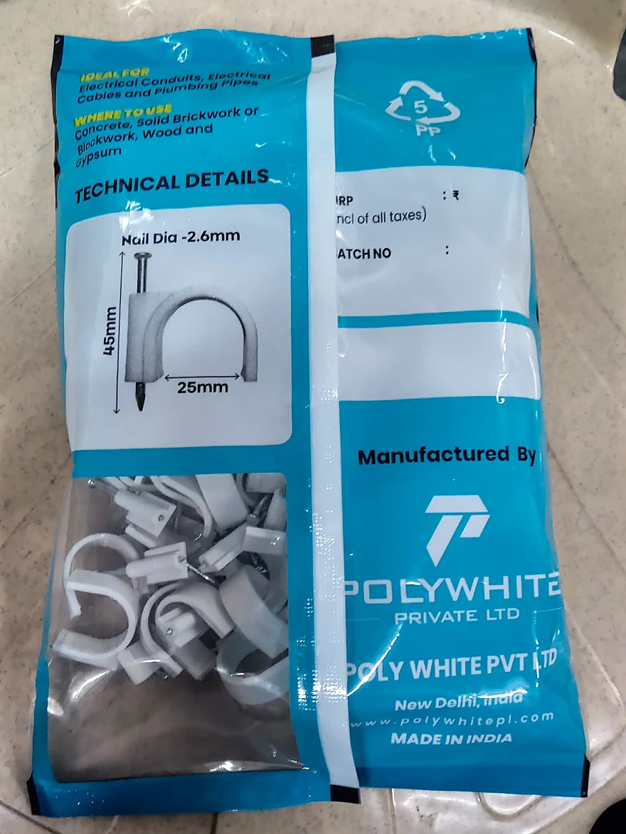 Back of the Polywhite 25mm cable clip package