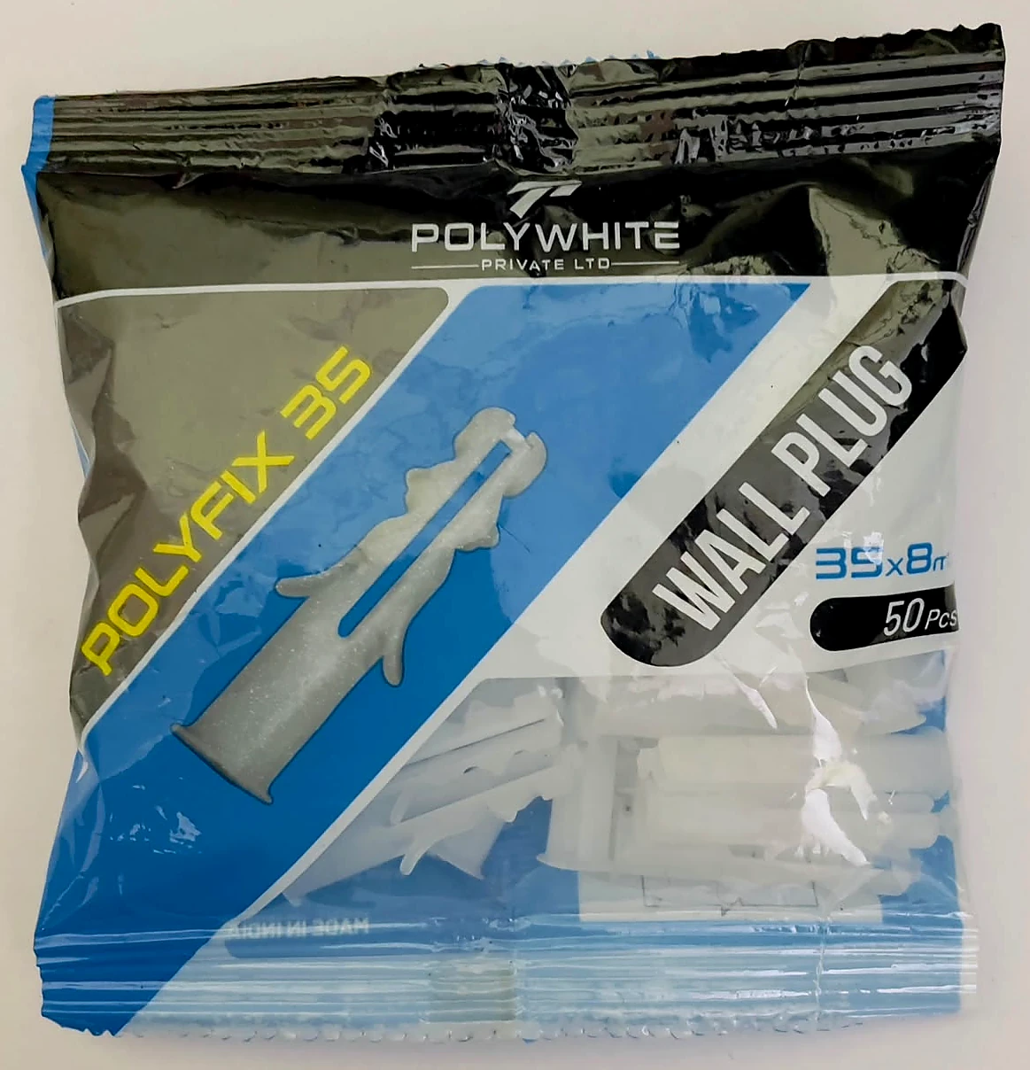 Front of the Polywhite 35mm x 8mm wall plug package