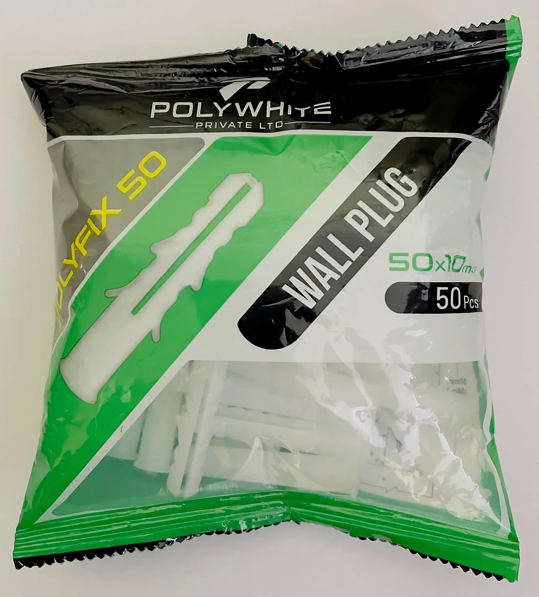 Front of the Polywhite 50mm x 10mm wall plug package