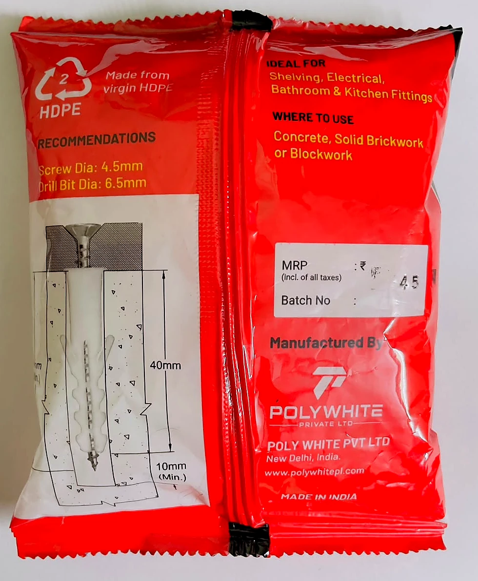 Back of the Polywhite 40mm x 8mm wall plug package
