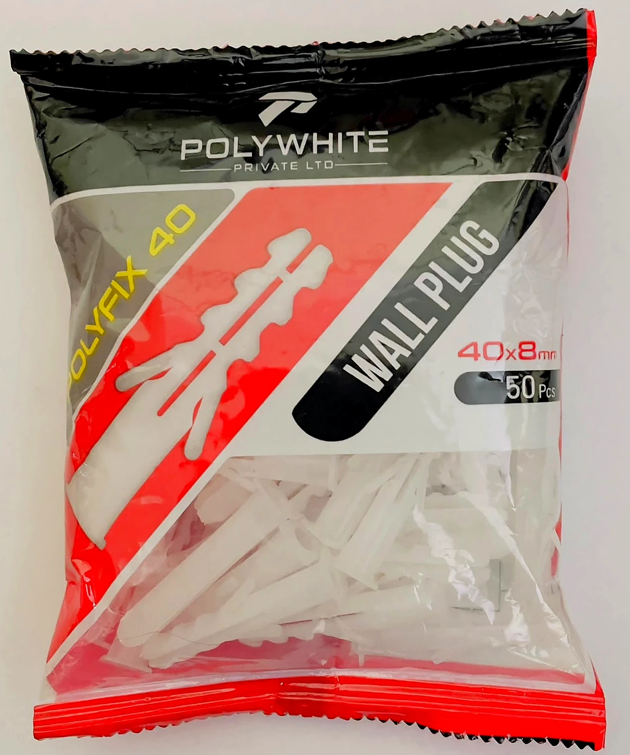 Front of the Polywhite 40mm x 8mm wall plug package